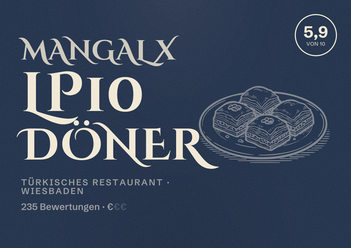Illustriertes Poster von Mangal x LP10 Döner, Türkisches Restaurant in Wiesbaden: Bewertung 5,9 von 10 aus 235 Bewertungen, Preisniveau €