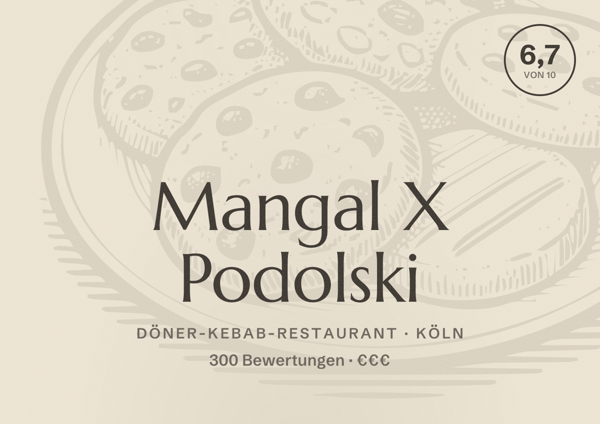 Illustriertes Poster von Mangal X Podolski, Döner-Kebab-Restaurant in Köln: Bewertung 6,7 von 10 aus 300 Bewertungen, Preisniveau €€€