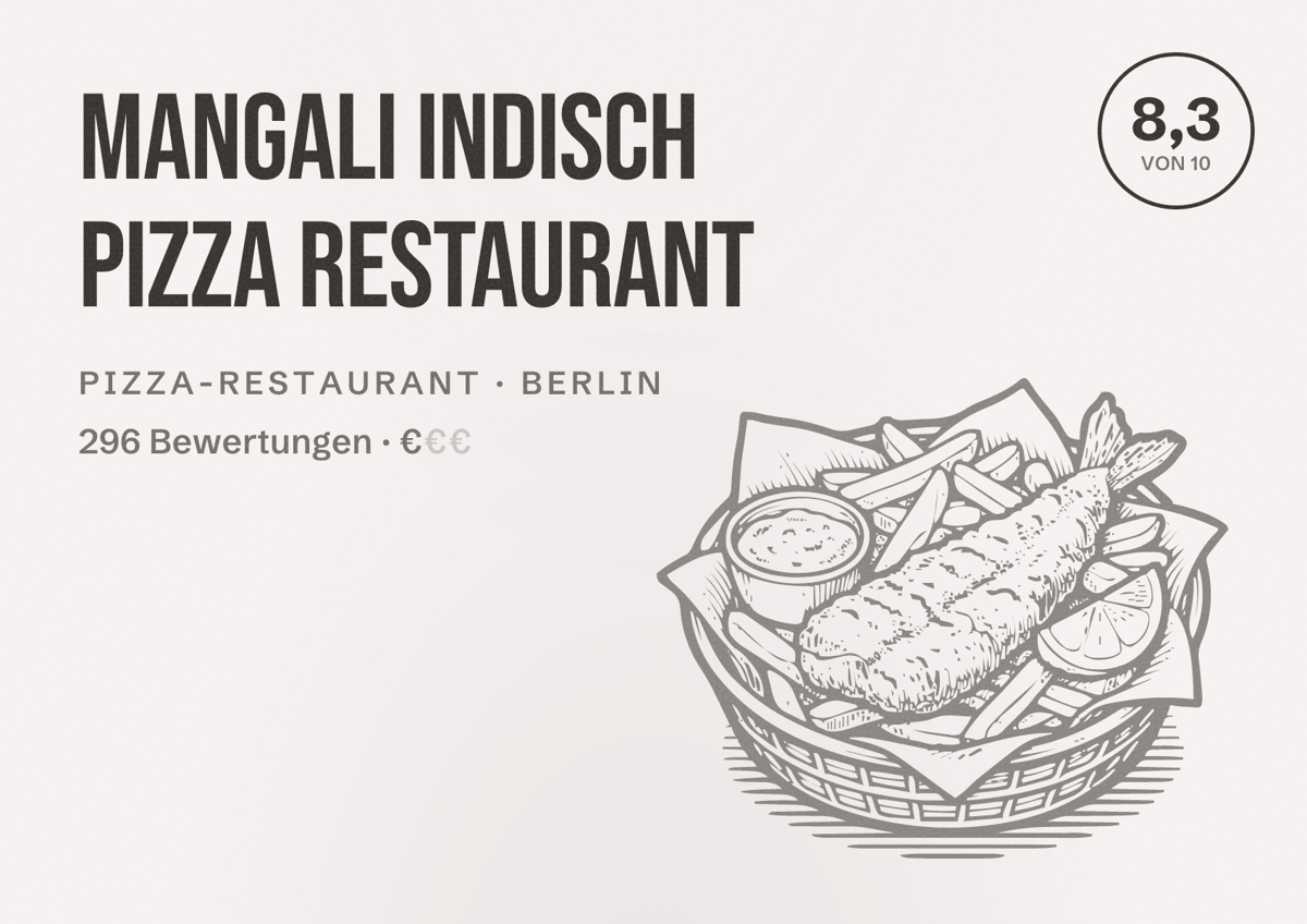 Illustriertes Poster von MANGALI Indisch Pizza Restaurant, Pizza-Restaurant in Berlin: Bewertung 8,3 von 10 aus 296 Bewertungen, Preisniveau €