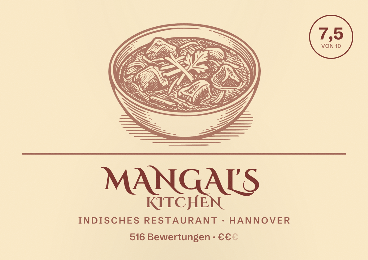 Illustriertes Poster von Mangal's Kitchen, Indisches Restaurant in Hannover: Bewertung 7,5 von 10 aus 516 Bewertungen, Preisniveau €€