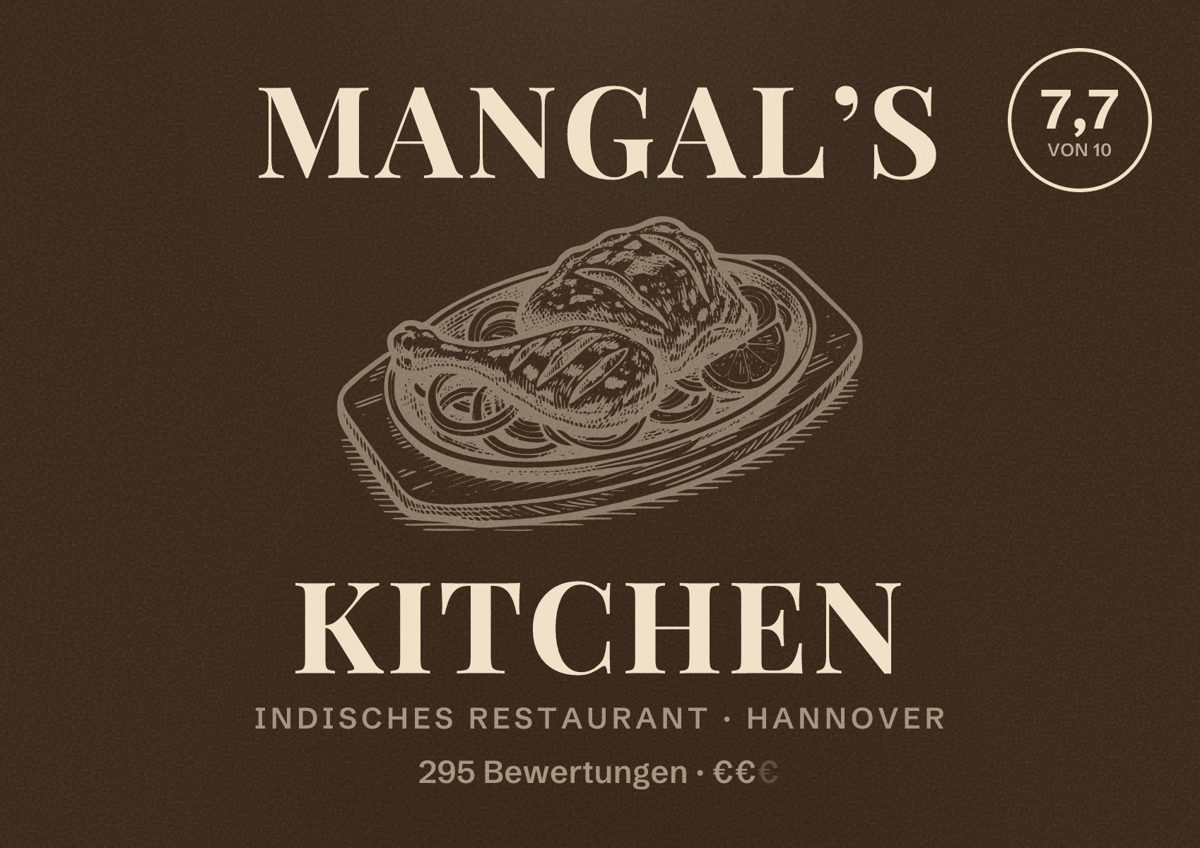 Illustriertes Poster von Mangal’s Kitchen, Indisches Restaurant in Hannover: Bewertung 7,7 von 10 aus 295 Bewertungen, Preisniveau €€