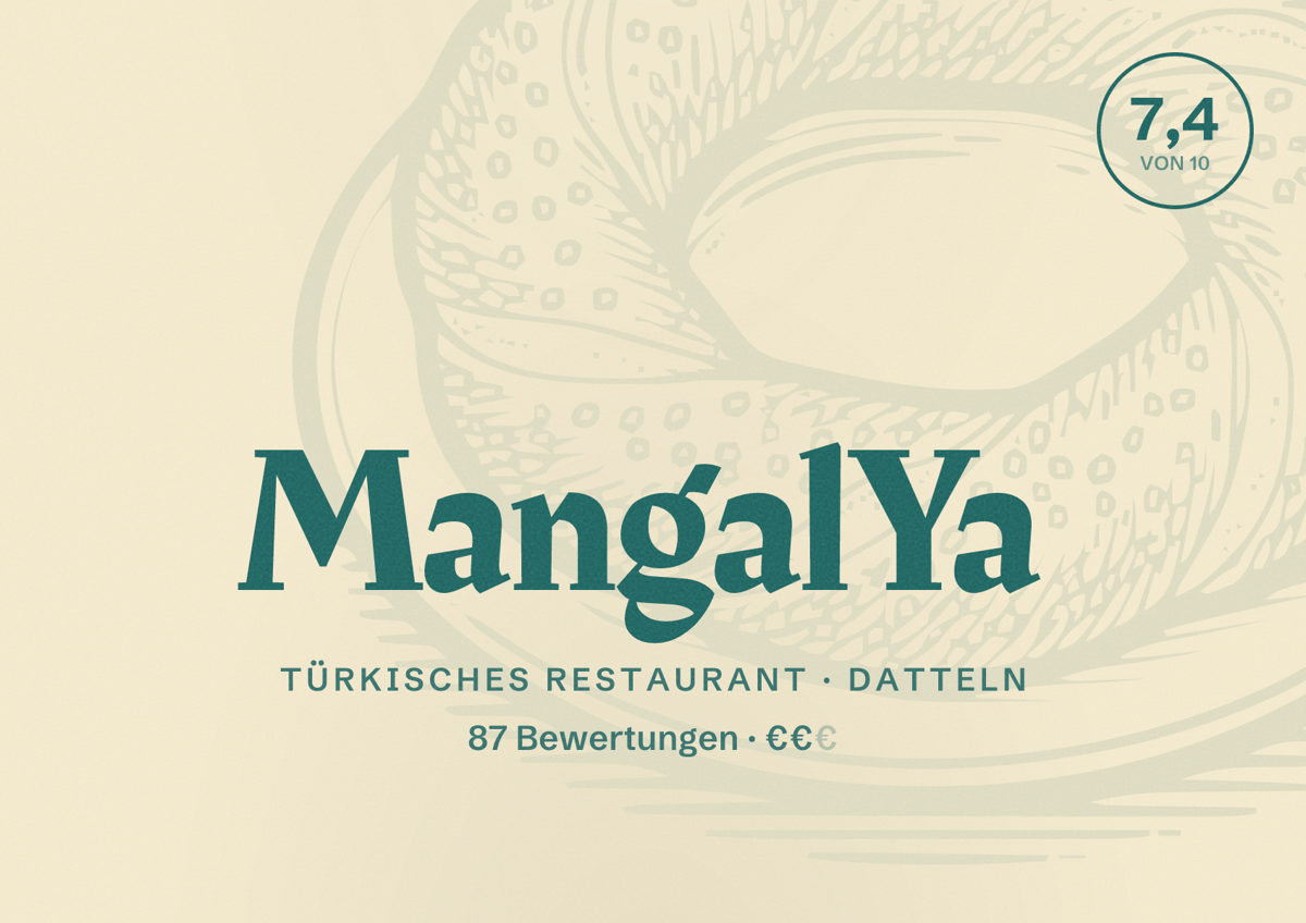 Illustriertes Poster von MangalYa, Türkisches Restaurant in Datteln: Bewertung 7,4 von 10 aus 87 Bewertungen, Preisniveau €€