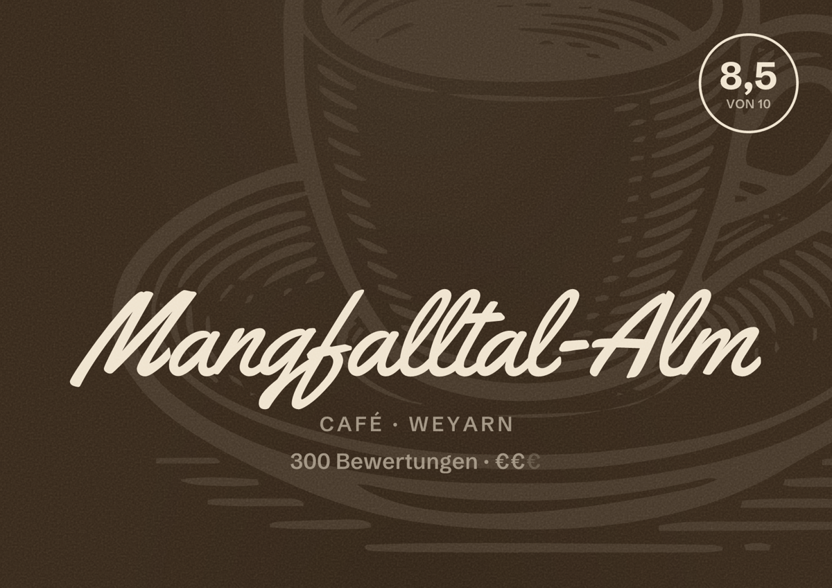Illustriertes Poster von Mangfalltal-Alm, Café in Weyarn: Bewertung 8,5 von 10 aus 300 Bewertungen, Preisniveau €€