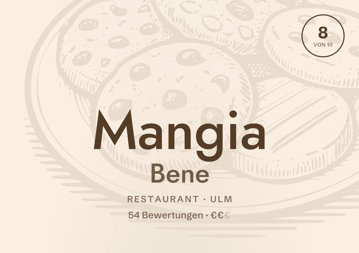 Illustriertes Poster von Mangia Bene, Restaurant in Ulm: Bewertung 8 von 10 aus 54 Bewertungen, Preisniveau €€