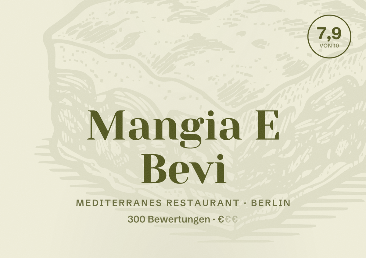 Illustriertes Poster von Mangia E Bevi, Mediterranes Restaurant in Berlin: Bewertung 7,9 von 10 aus 300 Bewertungen, Preisniveau €