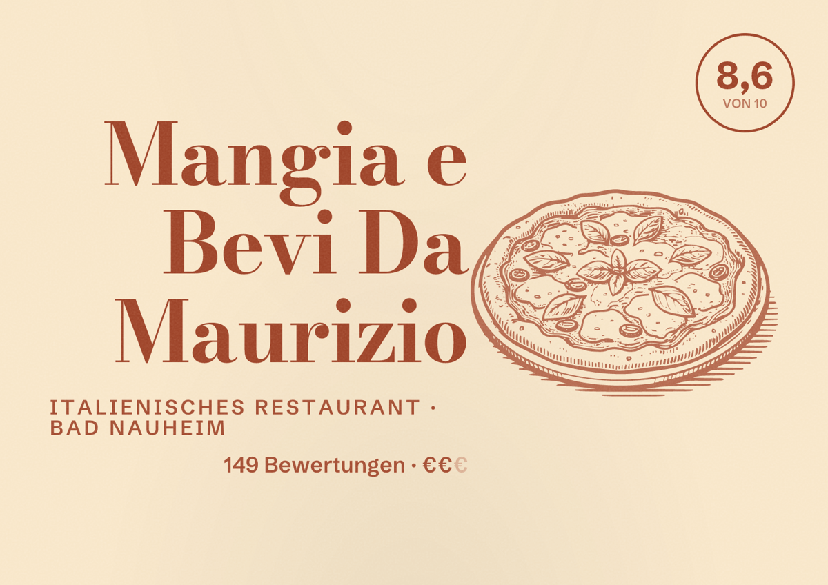 Illustriertes Poster von Mangia e Bevi Da Maurizio, Italienisches Restaurant in Bad Nauheim: Bewertung 8,6 von 10 aus 149 Bewertungen, Preisniveau €€