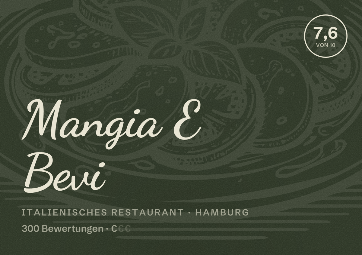 Illustriertes Poster von Mangia E Bevi, Italienisches Restaurant in Hamburg: Bewertung 7,6 von 10 aus 300 Bewertungen, Preisniveau €