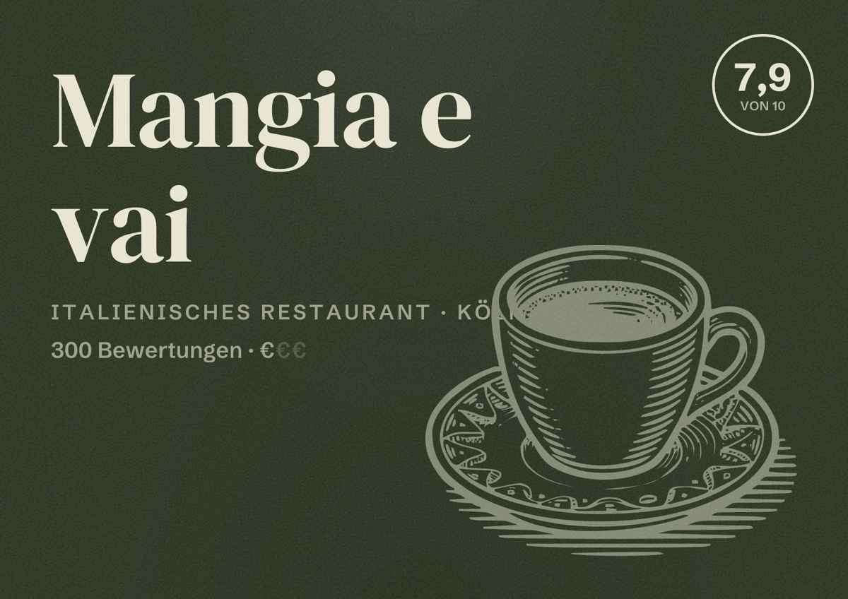 Illustriertes Poster von Mangia e vai, Italienisches Restaurant in Köln: Bewertung 7,9 von 10 aus 300 Bewertungen, Preisniveau €