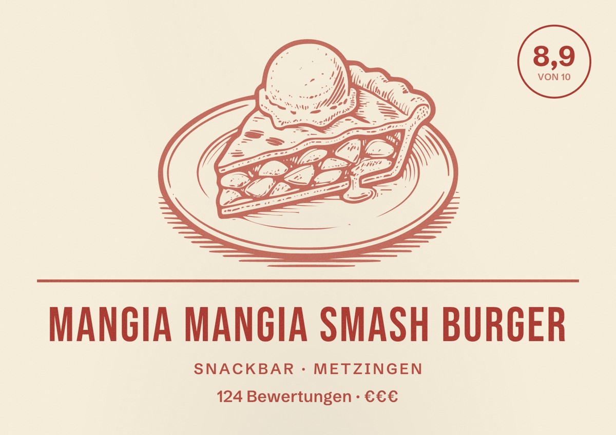 Illustriertes Poster von Mangia Mangia Smash Burger, Snackbar in Metzingen: Bewertung 8,9 von 10 aus 124 Bewertungen, Preisniveau €€€