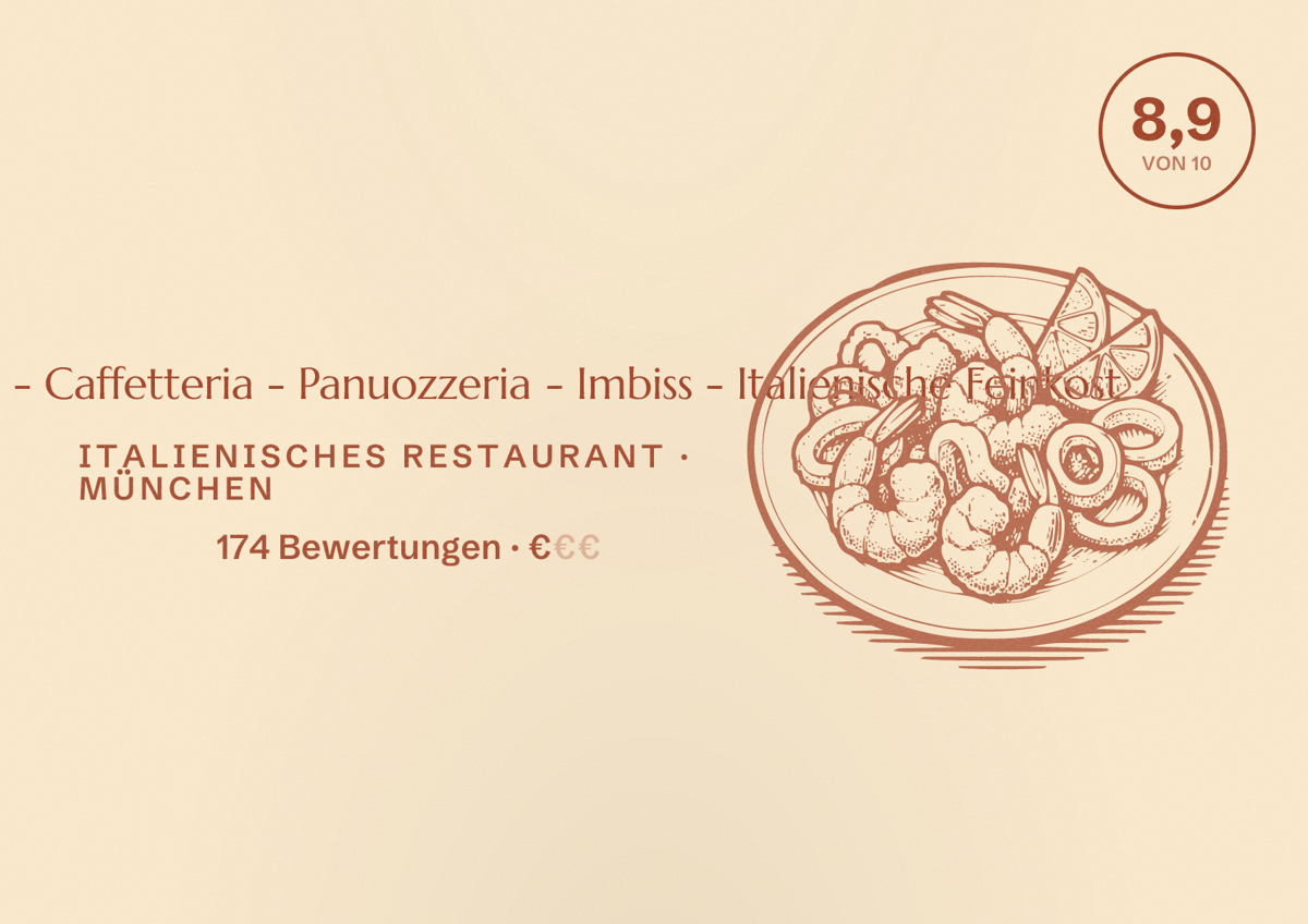 Illustriertes Poster von Mangiamoci Su - Caffetteria - Panuozzeria - Imbiss - Italienische Feinkost, Italienisches Restaurant in München: Bewertung 8,9 von 10 aus 174 Bewertungen, Preisniveau €