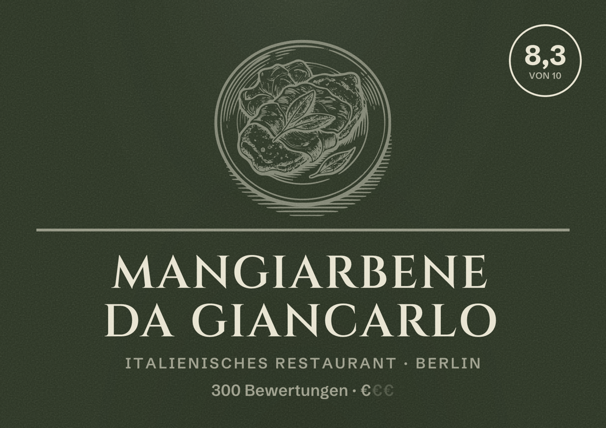 Illustriertes Poster von Mangiarbene da Giancarlo, Italienisches Restaurant in Berlin: Bewertung 8,3 von 10 aus 300 Bewertungen, Preisniveau €