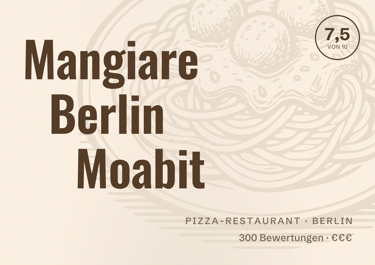 Illustriertes Poster von Mangiare Berlin Moabit, Pizza-Restaurant in Berlin: Bewertung 7,5 von 10 aus 300 Bewertungen, Preisniveau €€€