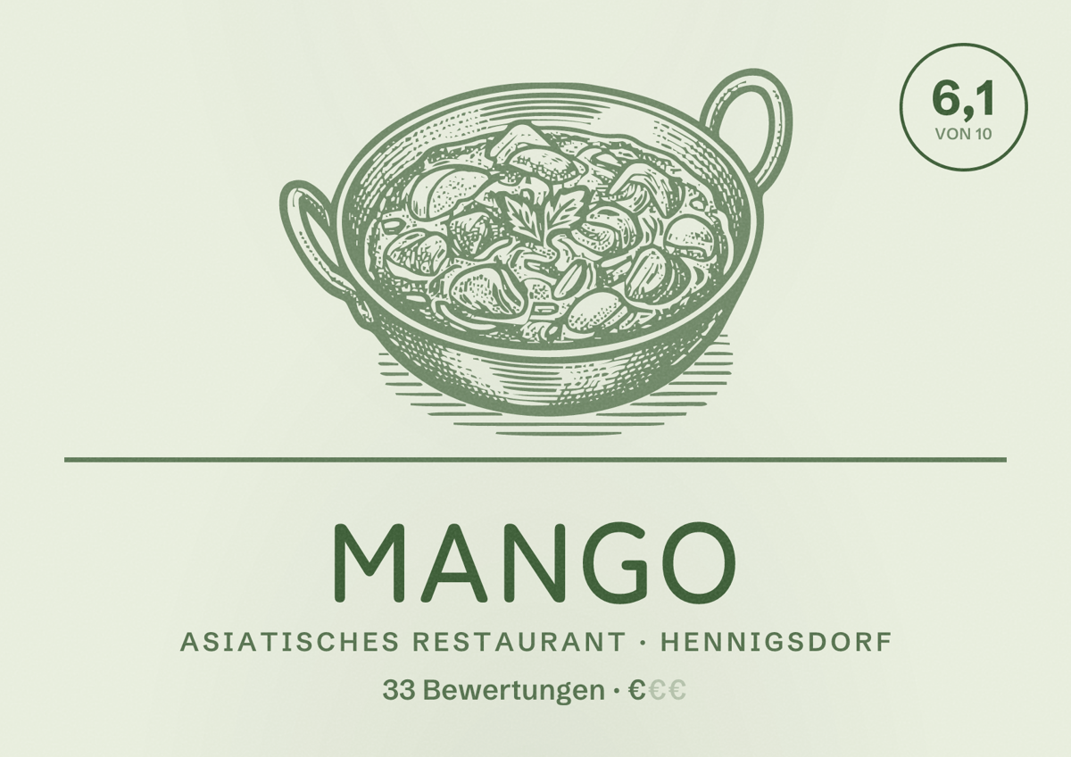 Illustriertes Poster von Mango, Asiatisches Restaurant in Hennigsdorf: Bewertung 6,1 von 10 aus 33 Bewertungen, Preisniveau €