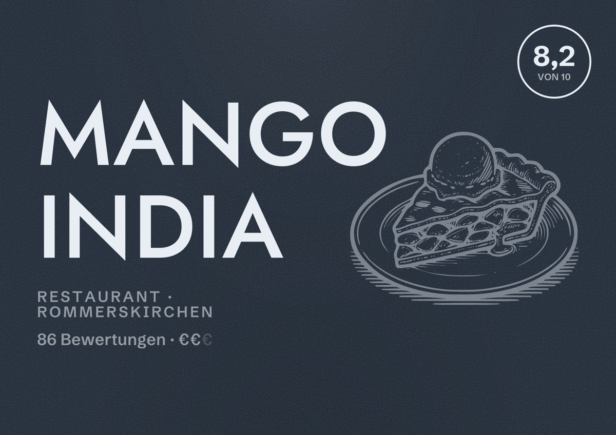 Illustriertes Poster von Mango India, Restaurant in Rommerskirchen: Bewertung 8,2 von 10 aus 86 Bewertungen, Preisniveau €€