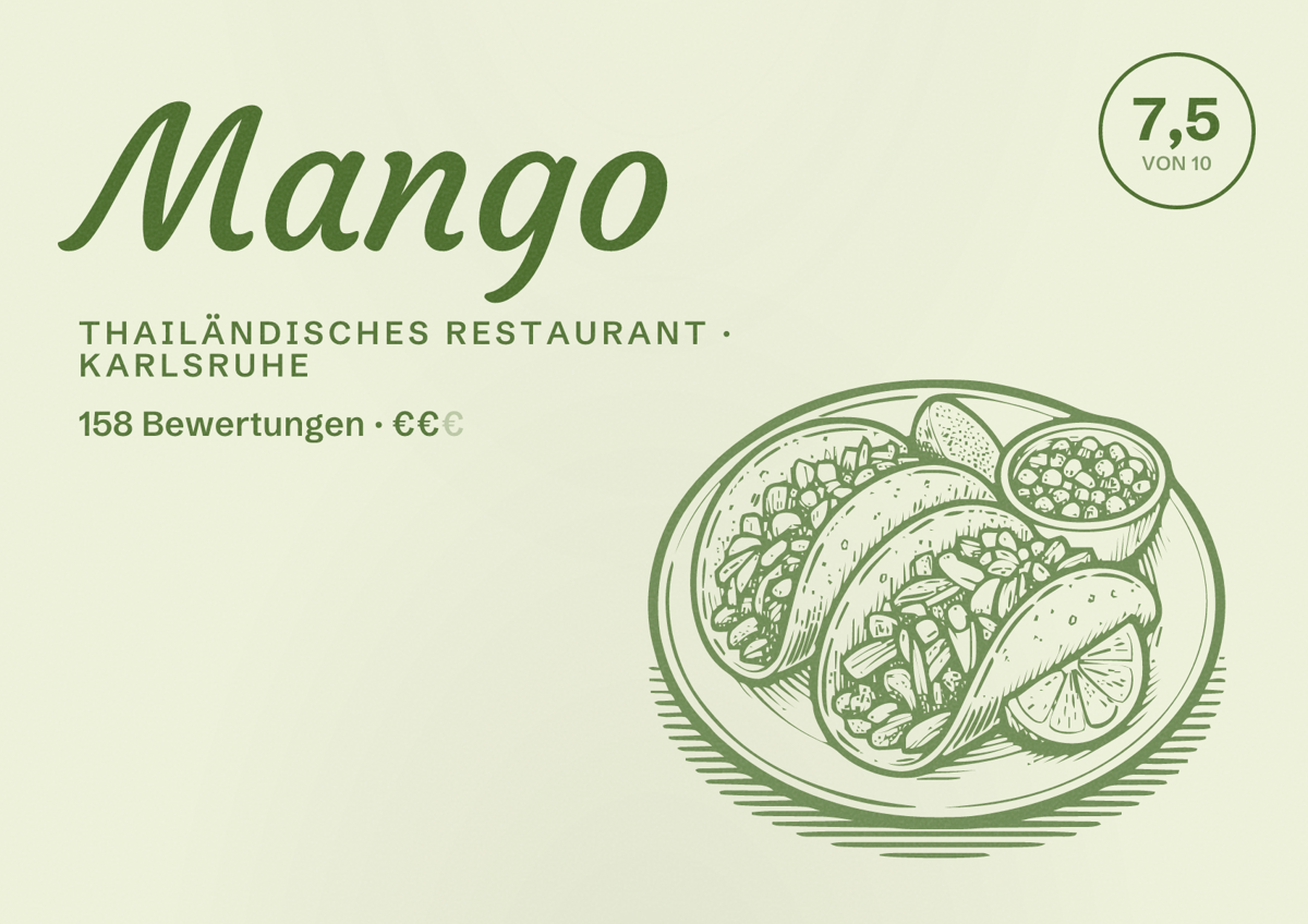 Illustriertes Poster von Mango, Thailändisches Restaurant in Karlsruhe: Bewertung 7,5 von 10 aus 158 Bewertungen, Preisniveau €€