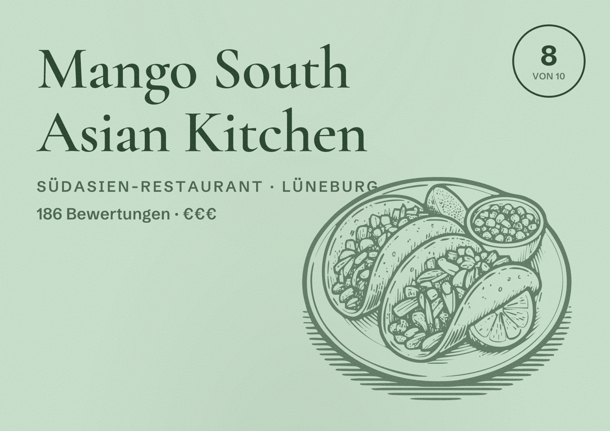 Illustriertes Poster von Mango South Asian Kitchen, Südasien-Restaurant in Lüneburg: Bewertung 8 von 10 aus 186 Bewertungen, Preisniveau €€€