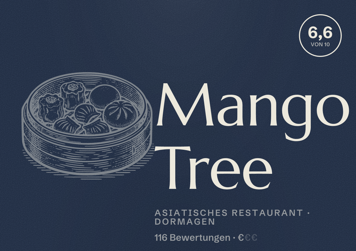 Illustriertes Poster von Mango Tree, Asiatisches Restaurant in Dormagen: Bewertung 6,6 von 10 aus 116 Bewertungen, Preisniveau €