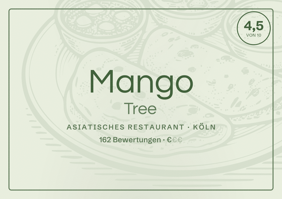 Illustriertes Poster von Mango Tree, Asiatisches Restaurant in Köln: Bewertung 4,5 von 10 aus 162 Bewertungen, Preisniveau €