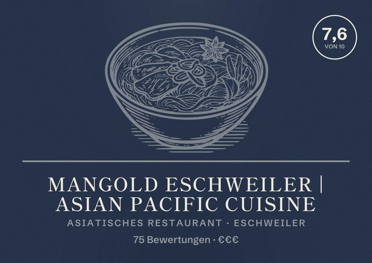 Illustriertes Poster von Mangold Eschweiler | Asian Pacific Cuisine, Asiatisches Restaurant in Eschweiler: Bewertung 7,6 von 10 aus 75 Bewertungen, Preisniveau €€€