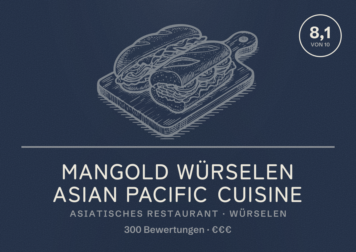 Illustriertes Poster von Mangold Würselen Asian Pacific Cuisine, Asiatisches Restaurant in Würselen: Bewertung 8,1 von 10 aus 300 Bewertungen, Preisniveau €€€