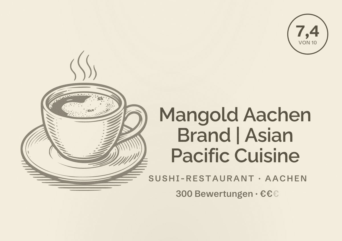 Illustriertes Poster von Mangold Aachen Brand | Asian Pacific Cuisine, Sushi-Restaurant in Aachen: Bewertung 7,4 von 10 aus 300 Bewertungen, Preisniveau €€