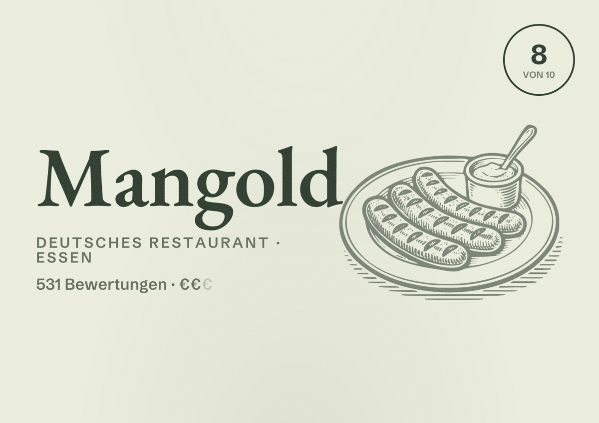 Illustriertes Poster von Mangold, Deutsches Restaurant in Essen: Bewertung 8 von 10 aus 531 Bewertungen, Preisniveau €€