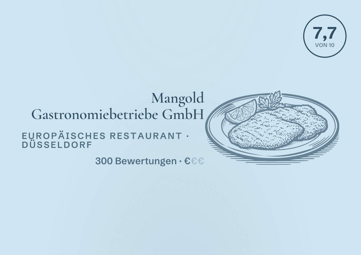 Illustriertes Poster von Mangold Gastronomiebetriebe GmbH, Europäisches Restaurant in Düsseldorf: Bewertung 7,7 von 10 aus 300 Bewertungen, Preisniveau €