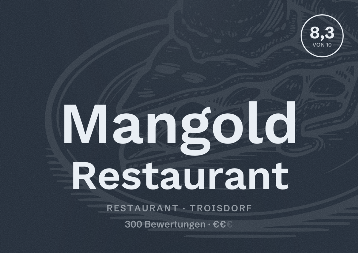 Illustriertes Poster von Mangold Restaurant, Restaurant in Troisdorf: Bewertung 8,3 von 10 aus 300 Bewertungen, Preisniveau €€