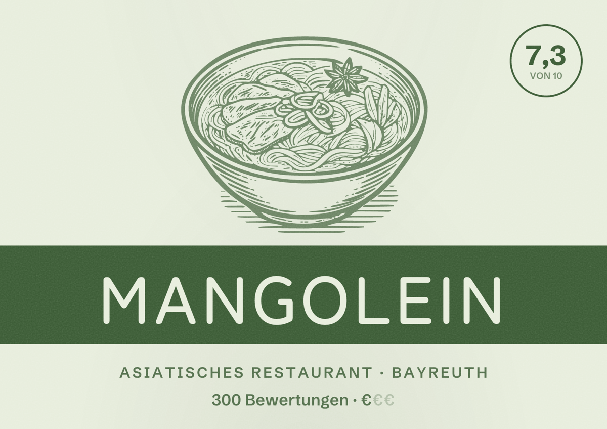 Illustriertes Poster von Mangolein, Asiatisches Restaurant in Bayreuth: Bewertung 7,3 von 10 aus 300 Bewertungen, Preisniveau €