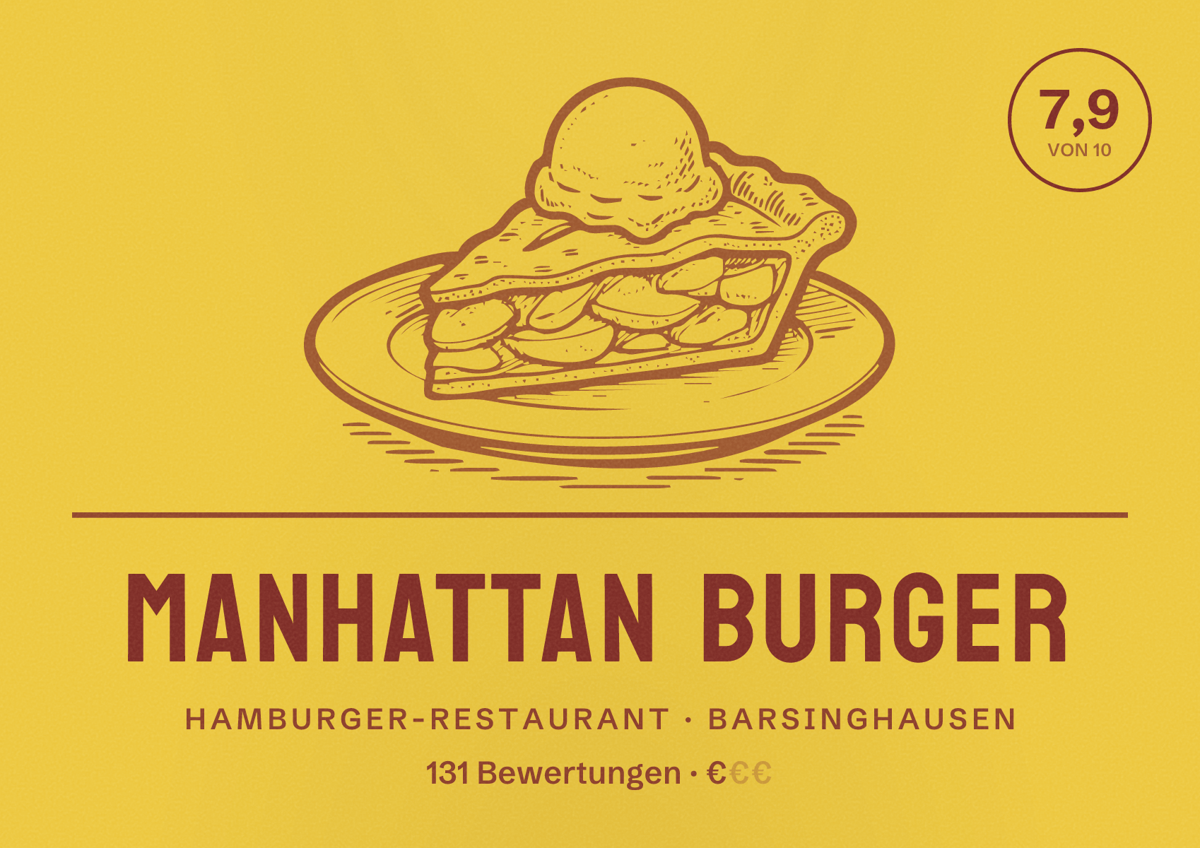 Illustriertes Poster von Manhattan Burger, Hamburger-Restaurant in Barsinghausen: Bewertung 7,9 von 10 aus 131 Bewertungen, Preisniveau €
