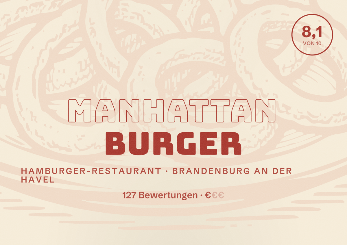 Illustriertes Poster von Manhattan Burger, Hamburger-Restaurant in Brandenburg an der Havel: Bewertung 8,1 von 10 aus 127 Bewertungen, Preisniveau €