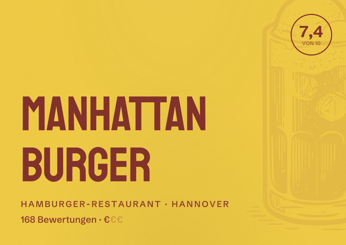 Illustriertes Poster von Manhattan Burger, Hamburger-Restaurant in Hannover: Bewertung 7,4 von 10 aus 168 Bewertungen, Preisniveau €