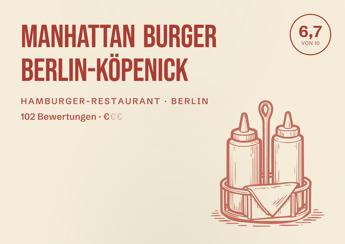 Illustriertes Poster von Manhattan Burger Berlin-Köpenick, Hamburger-Restaurant in Berlin: Bewertung 6,7 von 10 aus 102 Bewertungen, Preisniveau €