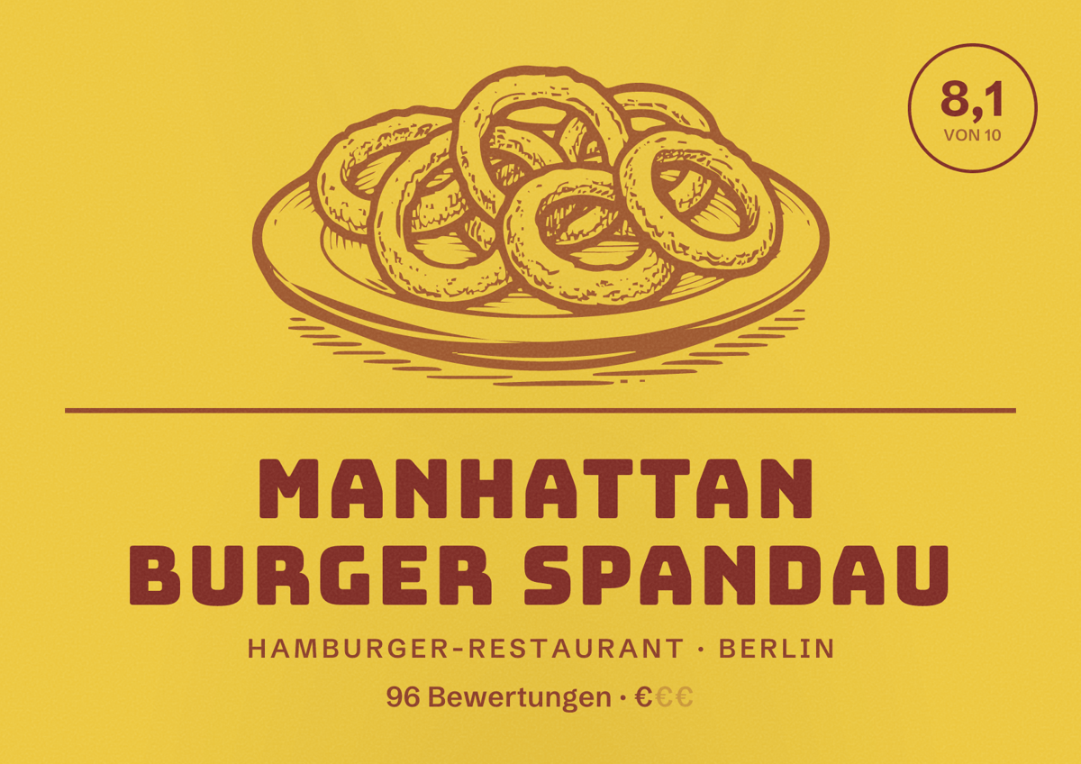 Illustriertes Poster von Manhattan Burger Spandau, Hamburger-Restaurant in Berlin: Bewertung 8,1 von 10 aus 96 Bewertungen, Preisniveau €