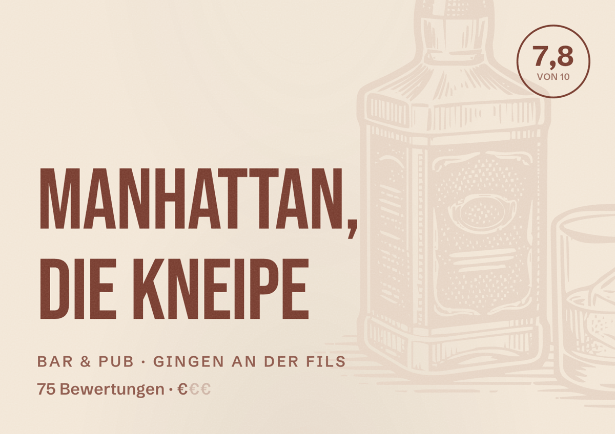 Illustriertes Poster von Manhattan, die Kneipe, Bar & Pub in Gingen an der Fils: Bewertung 7,8 von 10 aus 75 Bewertungen, Preisniveau €