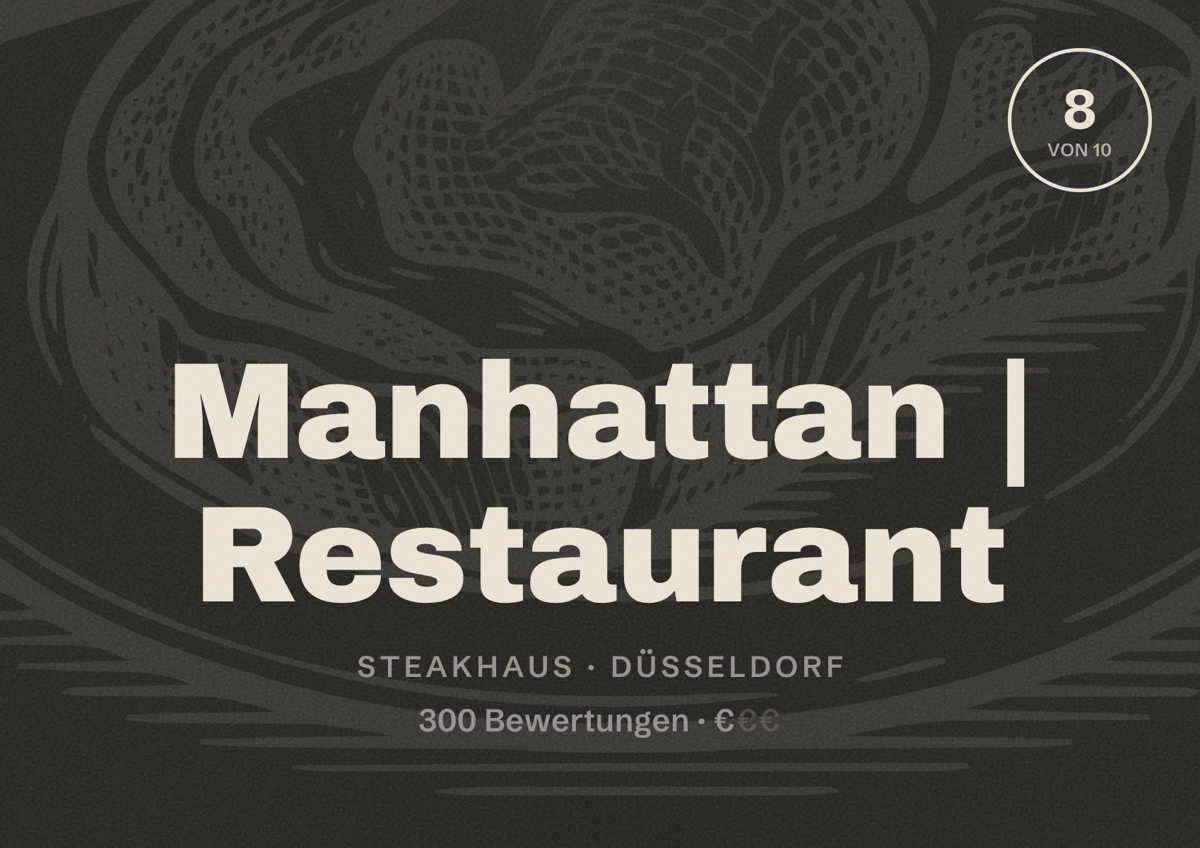Illustriertes Poster von Manhattan | Restaurant, Steakhaus in Düsseldorf: Bewertung 8,0 von 10 aus 300 Bewertungen, Preisniveau €