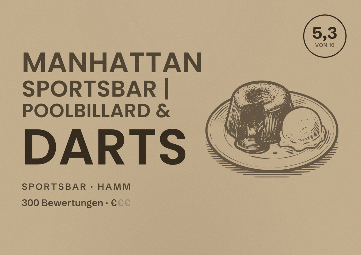 Illustriertes Poster von Manhattan Sportsbar | Poolbillard & Darts, Sportsbar in Hamm: Bewertung 5,3 von 10 aus 300 Bewertungen, Preisniveau €