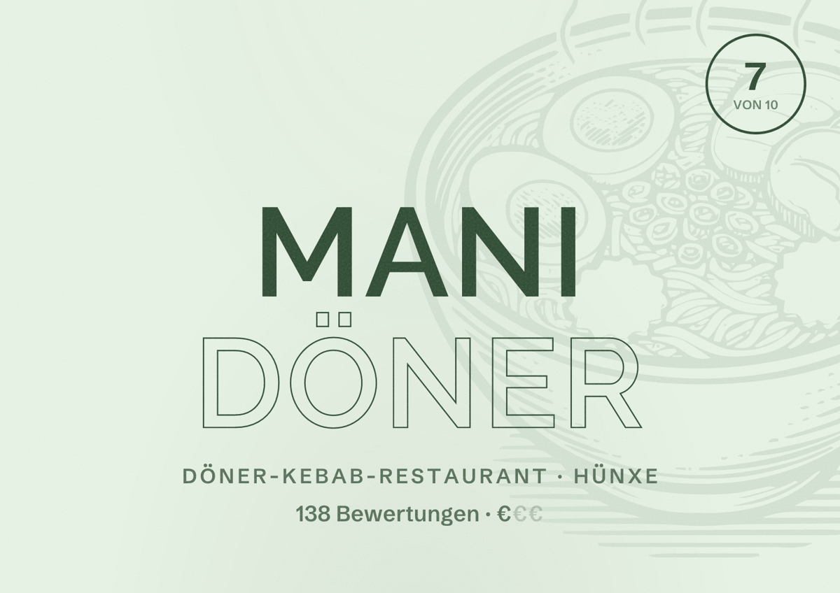 Illustriertes Poster von MaNi Döner, Döner-Kebab-Restaurant in Hünxe: Bewertung 7 von 10 aus 138 Bewertungen, Preisniveau €