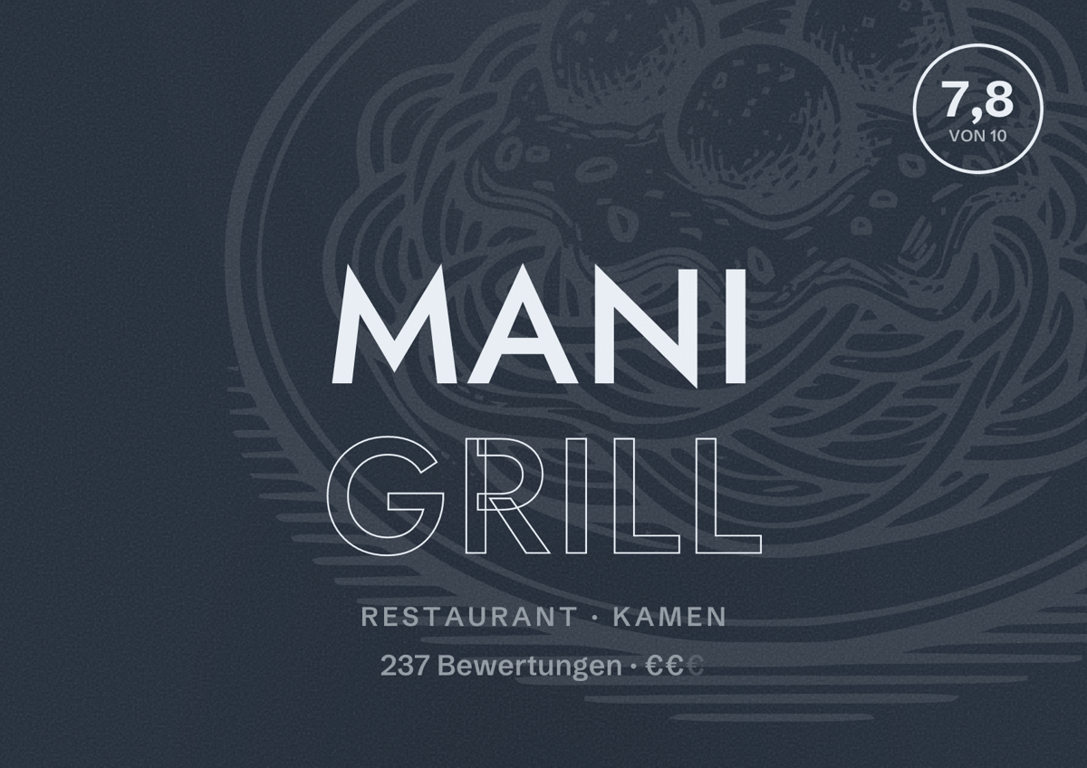 Illustriertes Poster von Mani Grill, Restaurant in Kamen: Bewertung 7,8 von 10 aus 237 Bewertungen, Preisniveau €€