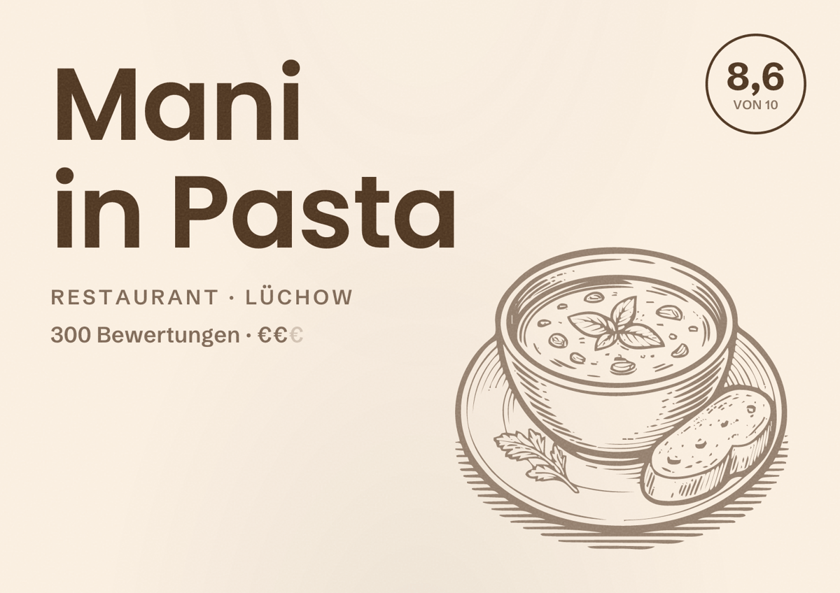 Illustriertes Poster von Mani in Pasta, Restaurant in Lüchow: Bewertung 8,6 von 10 aus 300 Bewertungen, Preisniveau €€