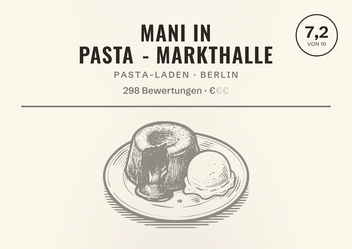 Illustriertes Poster von Mani in Pasta - Markthalle, Pasta-Laden in Berlin: Bewertung 7,2 von 10 aus 298 Bewertungen, Preisniveau €