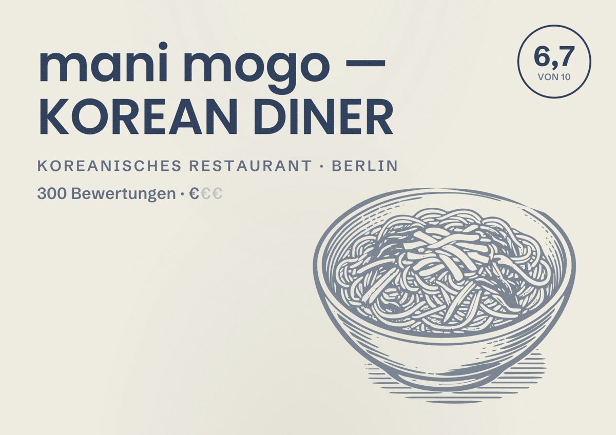 Illustriertes Poster von mani mogo — KOREAN DINER, Koreanisches Restaurant in Berlin: Bewertung 6,7 von 10 aus 300 Bewertungen, Preisniveau €