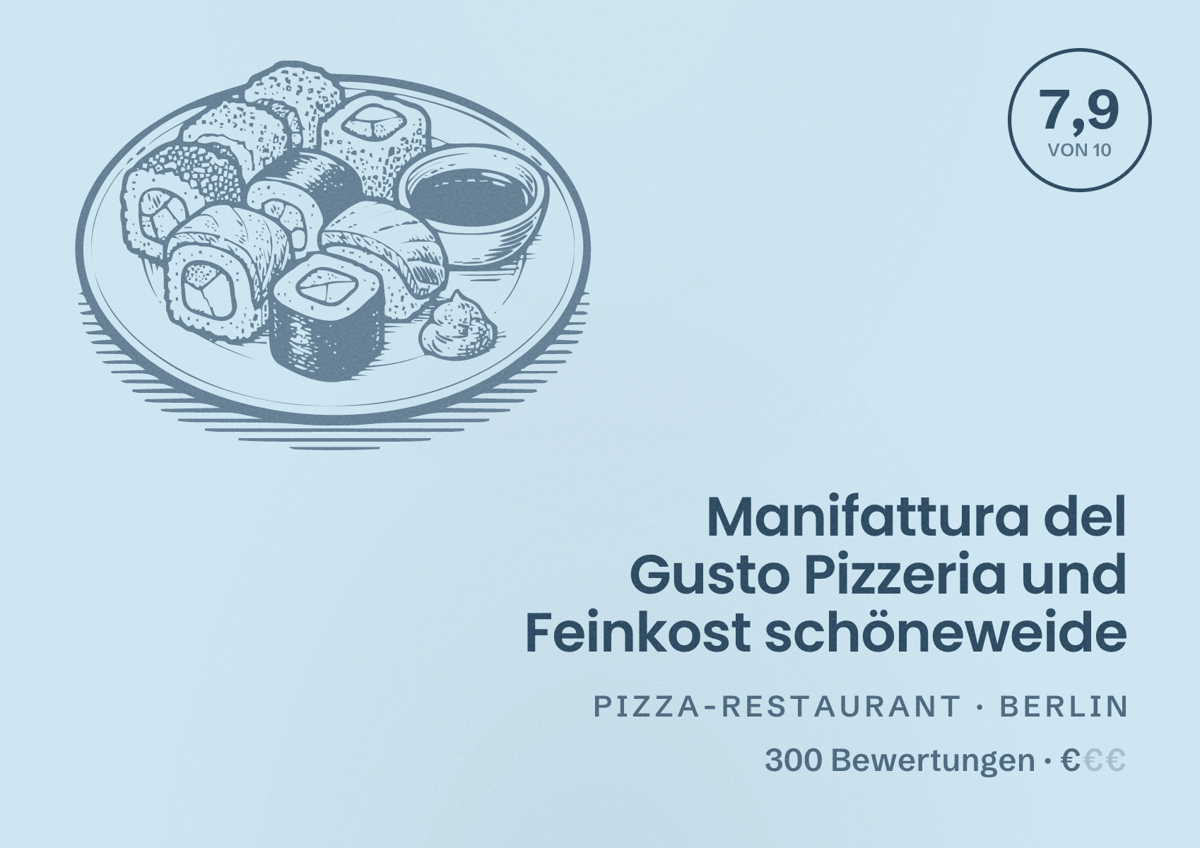 Illustriertes Poster von Manifattura del Gusto Pizzeria und Feinkost schöneweide, Pizza-Restaurant in Berlin: Bewertung 7,9 von 10 aus 300 Bewertungen, Preisniveau €