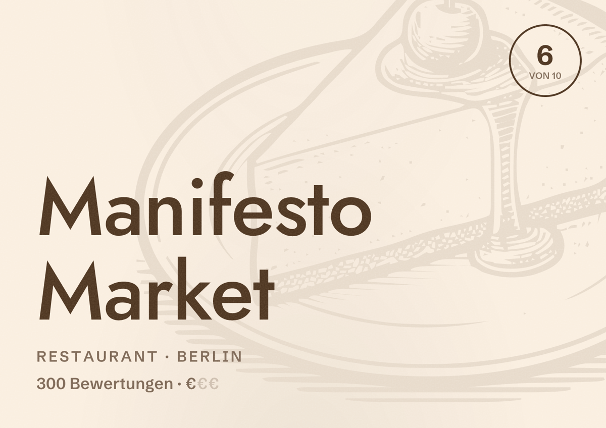 Illustriertes Poster von Manifesto Market, Restaurant in Berlin: Bewertung 6,0 von 10 aus 300 Bewertungen, Preisniveau €