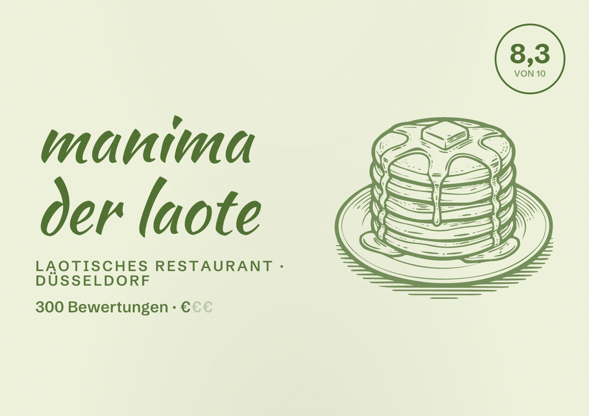 Illustriertes Poster von manima der laote, Laotisches Restaurant in Düsseldorf: Bewertung 8,3 von 10 aus 300 Bewertungen, Preisniveau €