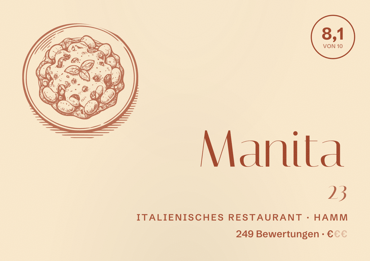 Illustriertes Poster von Manita 23, Italienisches Restaurant in Hamm: Bewertung 8,1 von 10 aus 249 Bewertungen, Preisniveau €