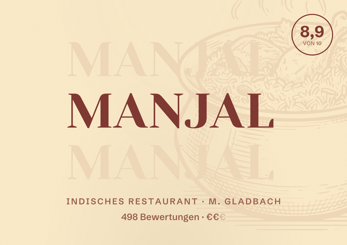 Illustriertes Poster von Manjal, Indisches Restaurant in M. Gladbach: Bewertung 8,9 von 10 aus 498 Bewertungen, Preisniveau €€