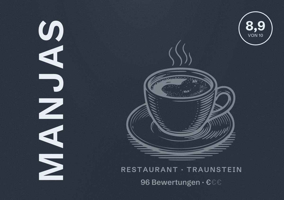 Illustriertes Poster von Manjas, Restaurant in Traunstein: Bewertung 8,9 von 10 aus 96 Bewertungen, Preisniveau €