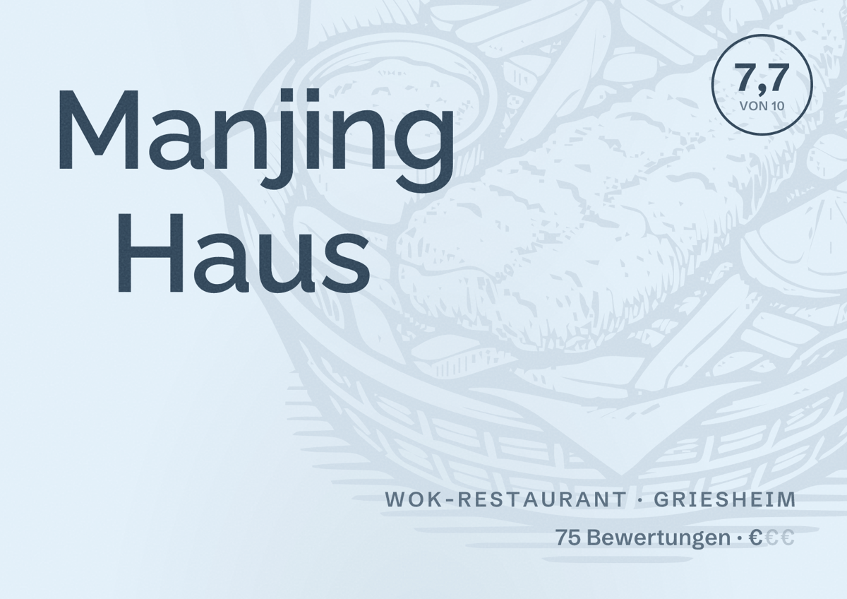 Illustriertes Poster von Manjing Haus, Wok-Restaurant in Griesheim: Bewertung 7,7 von 10 aus 75 Bewertungen, Preisniveau €