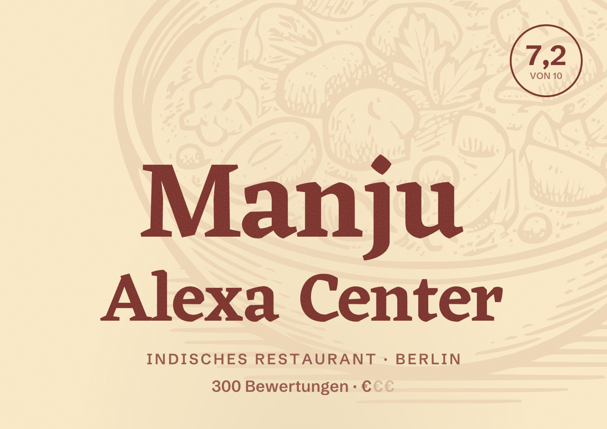 Illustriertes Poster von Manju Alexa Center, Indisches Restaurant in Berlin: Bewertung 7,2 von 10 aus 300 Bewertungen, Preisniveau €
